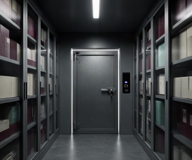 Secured government archive room with controlled access door and protected document storage