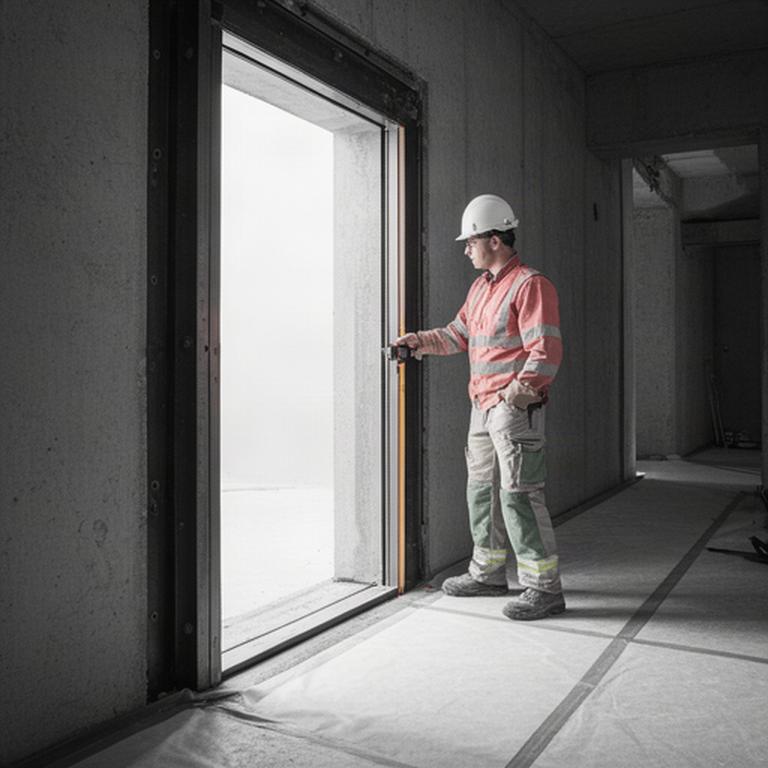 Technician measuring a reinforced doorway prepared for installation of a commercial vault system